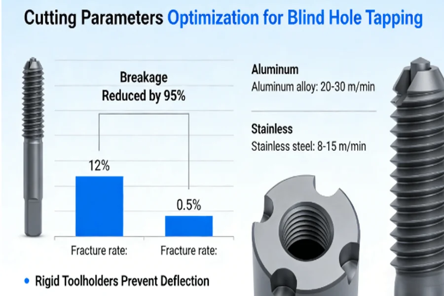 Data graph illustrating how optimizing cutting parameters (speeds of 8-30 m/min and feed rates) reduces tap breakage from 12% to 0.5% in blind hole tapping, with rigid toolholder integration.