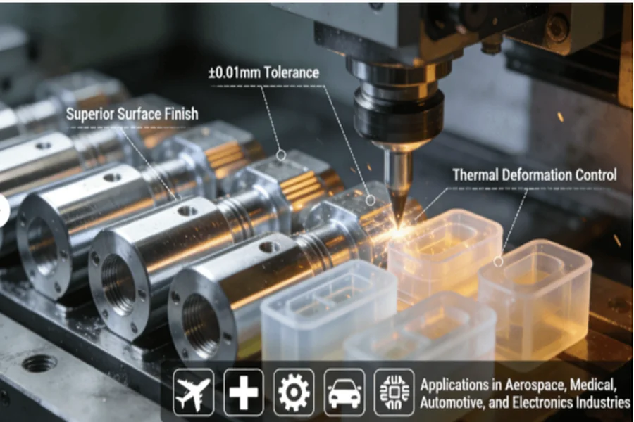 Close-up of a CNC lathe machining both metal and plastic parts with critical quality annotations, showing applications across various industries.